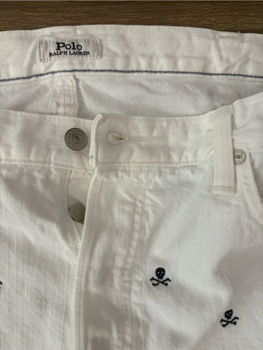 Polo Ralph Lauren White Slim Straight Denim Jeans Skull Crossbones 38x34 EUC